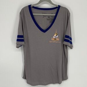 Disney World Minnie Mouse 50th Anniversary Gray V-Neck T-Shirt with Blue Trim XL